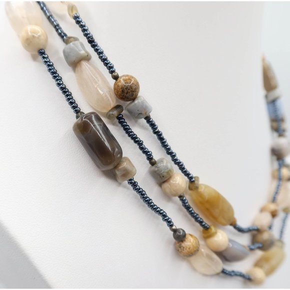 Earth Tone Acrylic & Natural Stone Seed Bead Multi Strand Toggle Necklace 18.5" - Picture 3 of 7
